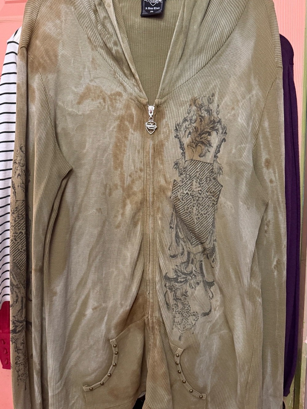Women’s Olive V-Neck Zip Hoodie with Graphic Detail